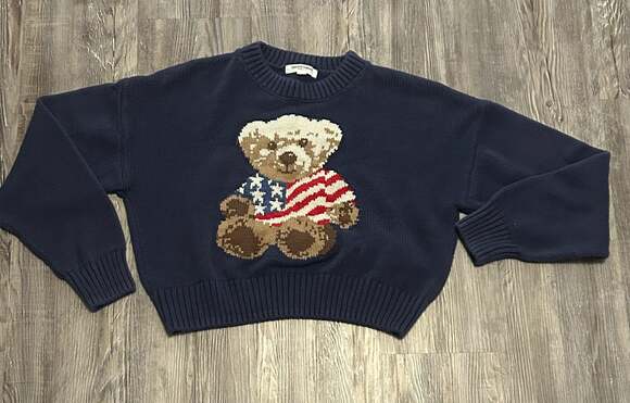 Grayson Threads Sweaters - Grayson Threads Navy Blue Teddy Bear American Flag Cropped Sweater